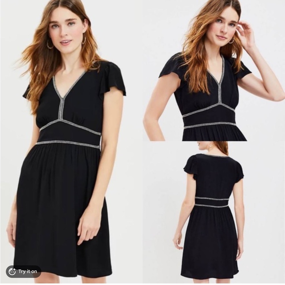 NWT LOFT stitched trim flutter v-neck dress black & white dress size 10